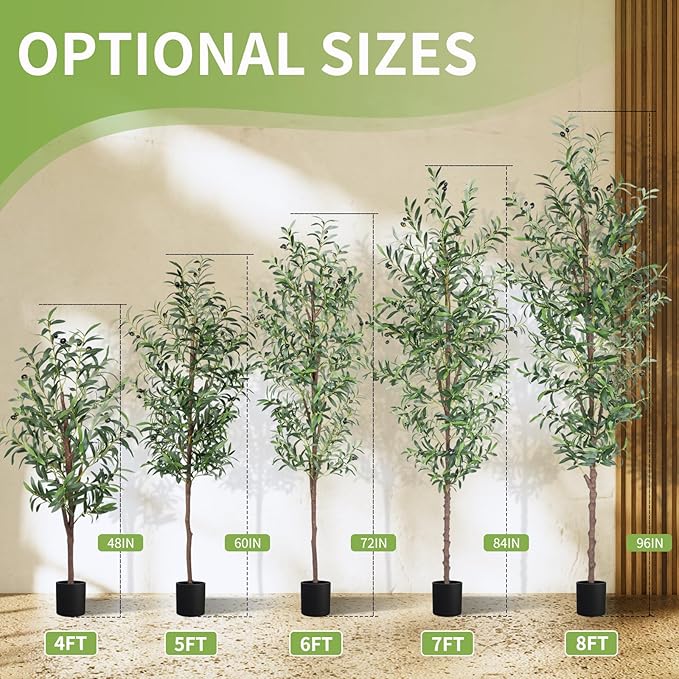 Artificial Olive Tree, 8FT Tall Faux Olive Trees 96in Outdoor Fake Potted Silk Plant with Trunk and Realistic 1574 Leaves and 48 Fruits for Modern Office Home Decor Indoor（1pack）