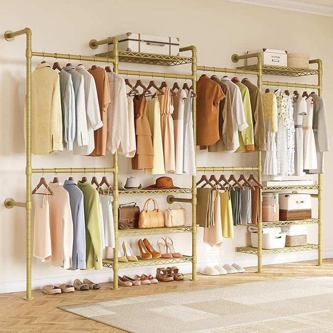 H4 Wall Mounted Closet System, Expandable Industrial Pipe Clothes Rack Clothing Rack for Hanging Clothes, Heavy Duty Closet Organizers and Storage in Wardrobe Closet - Gold