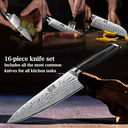 16-Piece Knife Set with Block, Ultra Sharp High Carbon Powder Steel Knife Block Set, Chef Knife Set Professional Kitchen Knives Set with Sharpener and Pakkawood Handle