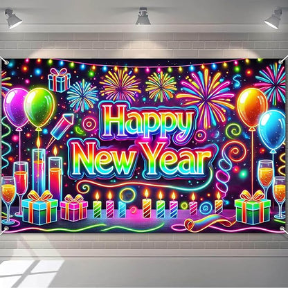 Happy New Year Backdrop 71x43 Inch Neon Style Party Banner Colorful Fireworks Balloons Candles Gift Box Design Large New Year Eve Photo Booth Background Wall Decor