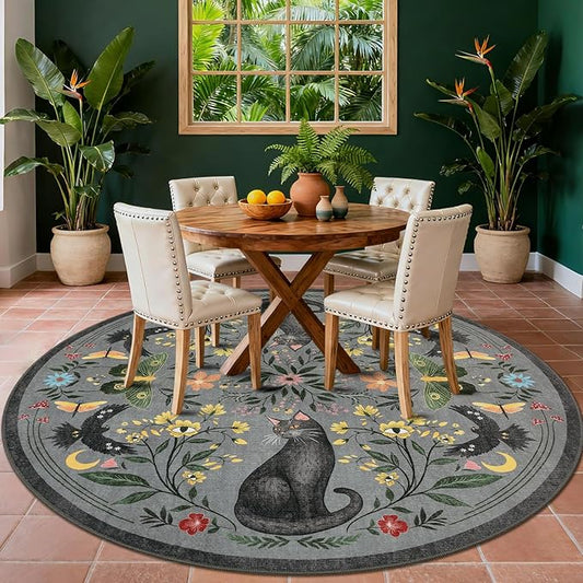 GarveeHome Round Area Rugs 5ft for Bedroom, Cat Grey Washable Circle Rug Soft Non Slip Mushroom Floral Floor Mat Carpet Indoor Thin Rug for Bedroom Dining Room Playroom Nursery Gothic Decor