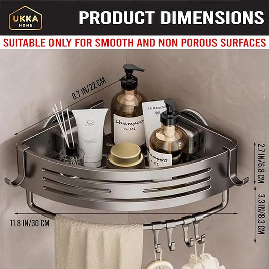 Suction Cup Corner Shower Caddy with Hooks and Towel Bar for Bathroom. Aluminum, Reusable, Rustproof, No Drill, No Tools, No Glue. Multifunctional, Hang Towel, Loofah, Sponge (2 Pack, Gray)