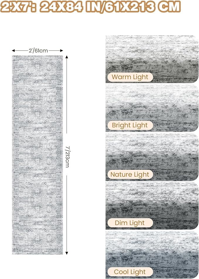 2x7 Runner Rug Non Slip, Thin Entryway Washable Rug for Entryway, Runners for Hallways, Low Pile Vintage Abstract Soft Rugs for Living Room, Kitchen, Bedroom(2'x7', Grey/Ivory)