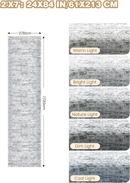 2x7 Runner Rug Non Slip, Thin Entryway Washable Rug for Entryway, Runners for Hallways, Low Pile Vintage Abstract Soft Rugs for Living Room, Kitchen, Bedroom(2'x7', Grey/Ivory)