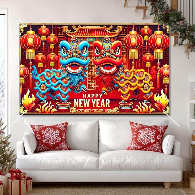 Chinese New Year Lion Dance Backdrop Happy New Year Banner Red Gold Lantern Festival Party Background Traditional Lunar New Years Wall Decor for Home Party Event Photo Booth 71x43 Inch