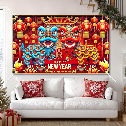 Chinese New Year Lion Dance Backdrop Happy New Year Banner Red Gold Lantern Festival Party Background Traditional Lunar New Years Wall Decor for Home Party Event Photo Booth 71x43 Inch