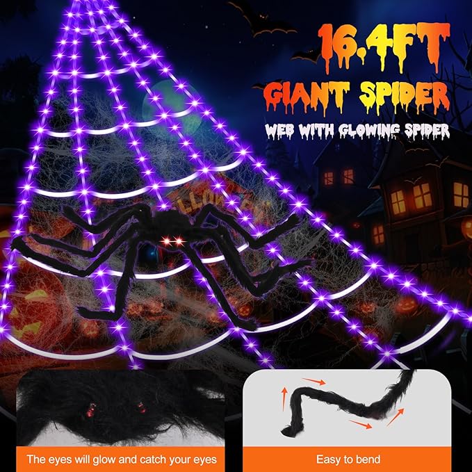 Spider Webs Halloween Decorations,16.4Ft 8Modes Super Bright 250LED Halloween Lights with Remote Control,49'' Giant Glowing Super-Realistic Spider,Halloween Decorations for Yard,Outside