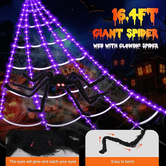 Spider Webs Halloween Decorations,16.4Ft 8Modes Super Bright 250LED Halloween Lights with Remote Control,49'' Giant Glowing Super-Realistic Spider,Halloween Decorations for Yard,Outside