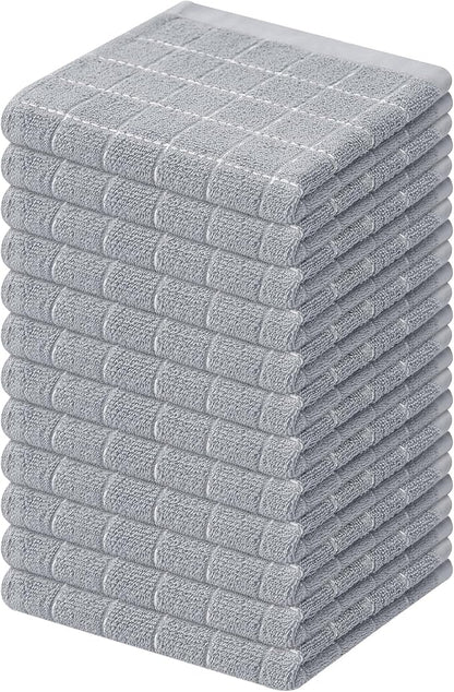 Mordimy 100% Cotton Terry Cloth Dish Cloths, Soft and Absorbent Checkered Dish Towels, Quick Drying Dish Rags for Washing Dishes, 12 Pack, 12 x 12 Inches, Light Grey