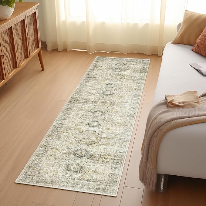 2x5 Rug Runner Washable for Entryway, Soft Bathroom Rugs with Non-Slip Backing, Abstract Low Pile Hallway Runner, Vintage Small Kitchen Carpet for Stair, Laundry Room(2'x5', Grey/Yellow)