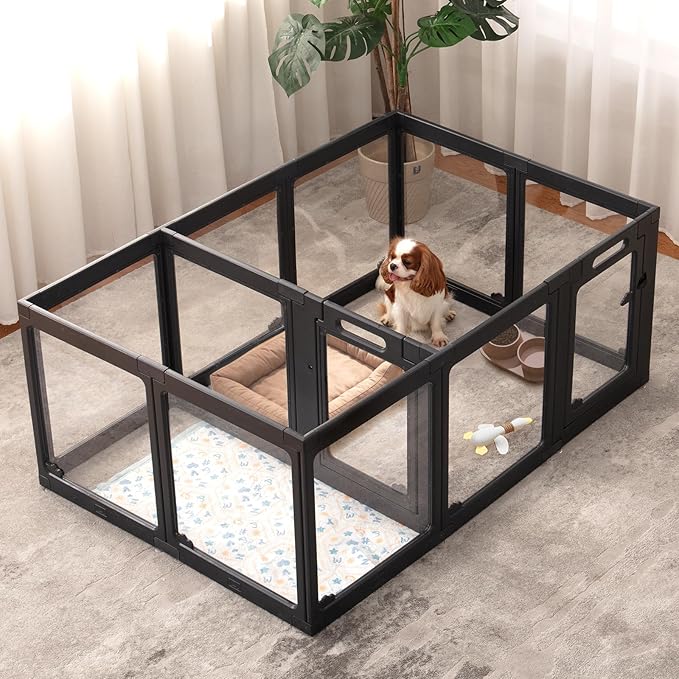 Acrylic Dog Playpen Indoor, Clear Dog Play Pen for Puppies and Small Dogs, Easy Assembly & Clean Puppy Pen (23.6", 12 Panels, Black)