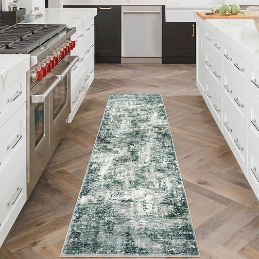 Modern Abstract Runner Rug 2x6, Grey Green Washable Kitchen Runner Non-Slip Soft Hallway Rug Runner Thin Print Faux Wool Carpet for Entryway Bedroom Laundry Room Indoor Home Decor