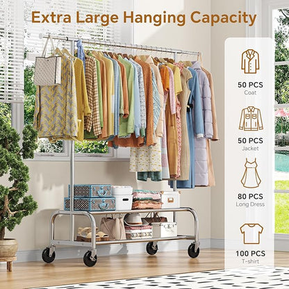 Simple Trending Heavy Duty Clothes Clothing Rack for Hanging, Rolling Garment Rack with Shelves Load 500 LBS, Chrome