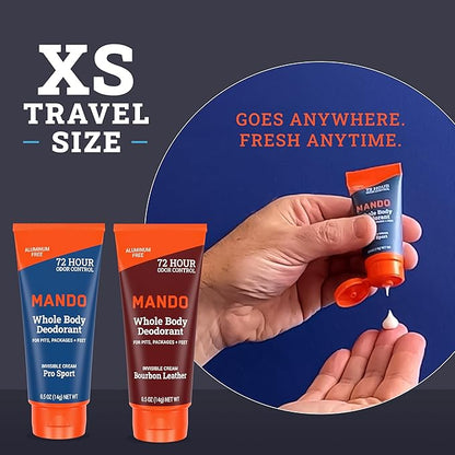 Mando Whole Body Deodorant For Men - XS Travel-Sized Invisible Cream Tube - 72-Hour Odor Control - Aluminum-Free, Baking Soda-Free - 0.5 ounce Tubes (Pack of 2) - Bourbon Leather and Pro Sport Scents