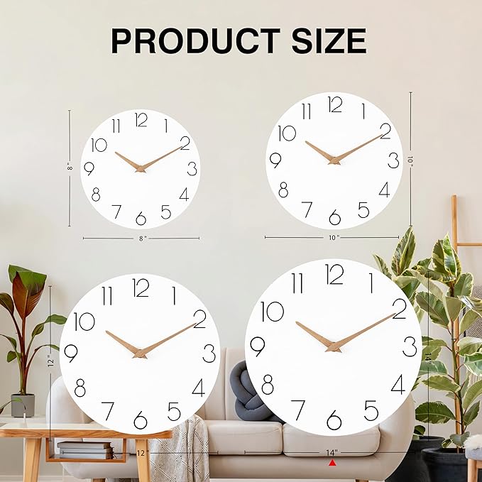 Wall Clock, 14 Inch Wooden Silent Non-Ticking, Decorative Battery Operated Wall Clocks for Bedroom, Kitchen, Home, Living Room, Office, School, Hotel (White)