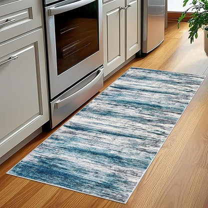 KOZYFLY Modern Abstract Hallway Runner Rug, 2x5 Washable Rug Runner Non-Slip Soft Striped Kitchen Runner Rugs, Print Blue Carpet Runner for Entryway Bathroom Laundry Room Foyer