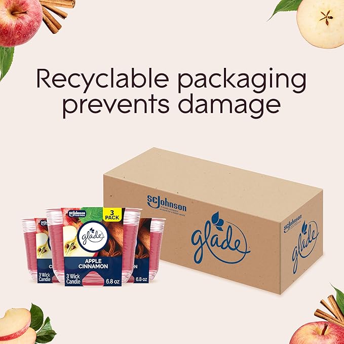 Glade 3-Wick Scented Candle Jar, Apple Cinnamon, Air Freshener Infused with Essential Oils, 6.8 Oz, 3 Count