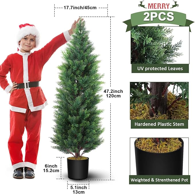Hananona 2 Pcs 4 Ft Artificial Topiary Cedar Trees, Outdoor Faux Pine Shrubs, Realistic Fake Greenery Plants UV Resistant Cypress Trees for Christmas Porch Front Door Decor (2, Green, 4 Ft)