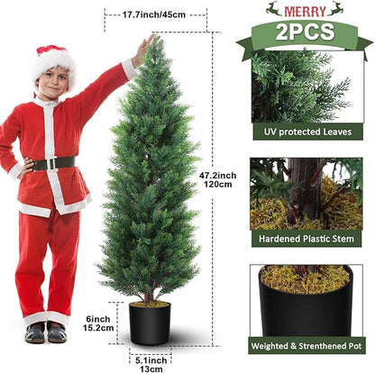 Hananona 2 Pcs 4 Ft Artificial Topiary Cedar Trees, Outdoor Faux Pine Shrubs, Realistic Fake Greenery Plants UV Resistant Cypress Trees for Christmas Porch Front Door Decor (2, Green, 4 Ft)