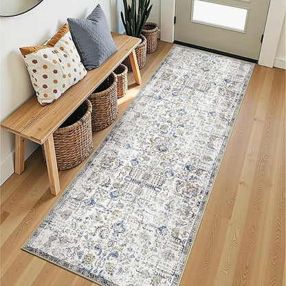 jinchan Runner Rug 2x7 Washable Hallway Rug Vintage Indoor Thin Retro Floor Cover Distressed Floral Country Lightweight Non Slip Carpet for Entryway Bathroom Kitchen Bedroom Living Room Stairway Blue