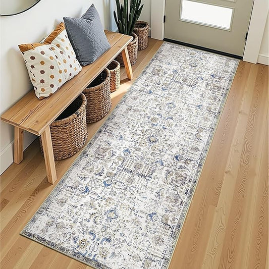 jinchan Runner Rug 2x7 Washable Hallway Rug Vintage Indoor Thin Retro Floor Cover Distressed Floral Country Lightweight Non Slip Carpet for Entryway Bathroom Kitchen Bedroom Living Room Stairway Blue