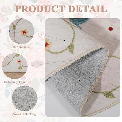 DUKINO Runner Rug, 2.6x8 Kitchen Runner Rug for Hallway with Non Slip Backing, Washable Low Pile Soft Boho Floral Carpet for Hallway, Kitchen, Entryway, Laundry, Bedroom, Beige