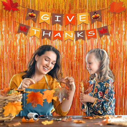 Upgraded Thicker Melsan Tinsel Fringe Curtain, 3 Pack 3.2 x 8.2 ft Orange Metallic Streamers with Extra Tape, for Thanksgiving Birthday Baby Shower Graduation Party Decor