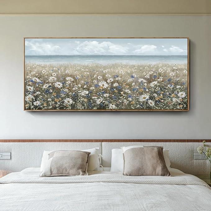 amatop Oversized Framed Canvas Wall Art 6x2.6 ft – Extra Large Farmhouse Art Work Boho Beach Coastal Ocean Nature Daisy Flowers Landscape Picture for Giant Living Room Bedroom Office Decor 71“x31”
