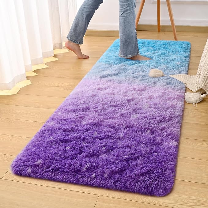 DweIke Luxury Shaggy Runner Rugs for Bedroom, 2x6 Feet Fluffy Runners Carpet for Girls Boys Kids, Non-Slip Extra Comfy Plush Bed Beside Rug for Living Room Nursery Home Decor, Purple and Blue