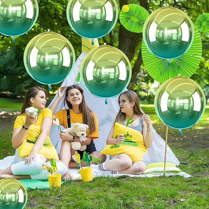 6Pcs Gradient Green Round Foil Balloons, 22" Large Helium Ball Mylar Balloon, Metallic Green Foil Balloon for Birthday Graduation Wedding Halloween Disco Prom Tropical Party Decorations