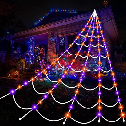 Halloween Decorations Spider Webs Lights: 150 Purple & Orange LED Halloween Lights Decor Outdoor, 17.4Ft Giant Spiderweb with 8 Lighting Modes Waterproof & Timer, Yard Spider Web Decoration