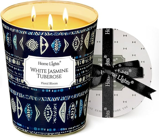 HomeLights Scented Candles | Large Jar 34 Oz Natural Soy Candle | 130 hrs Long-Lasting with 3 Wicks | Bohemian Natural for Home Decor | Gifts for Mom & Women, White Jasmine Tuberose