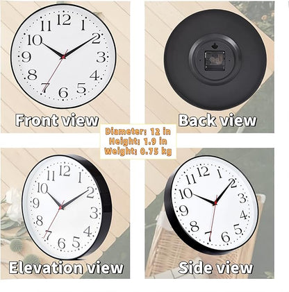 Wall Clock Battery Operated, 12 Inch Silent Non Ticking Quartz Round Large Wall Clock Accurate Timekeeping Wall Clocks for Living Room Decor, Bedroom, Kitchen, Bathroom, Office and School