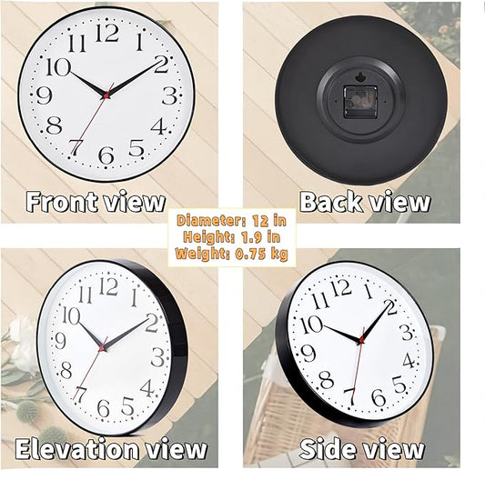 Wall Clock Battery Operated, 12 Inch Silent Non Ticking Quartz Round Large Wall Clock Accurate Timekeeping Wall Clocks for Living Room Decor, Bedroom, Kitchen, Bathroom, Office and School