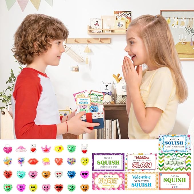 28 Pack Valentines Day Gifts for Kids, Valentines Squishy Stress Balls with Valentine Cards Classroom Prizes Exchange Gifts Prizes Valentines Day Gifts for Kids Boy Girl Valentine Party Favors