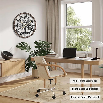 Micasso Non-Ticking Large Wall Clock: 30Inch Tree of Life Metal Black with Solid Wood Frame - Battery Operated Silent Clock for Office/Bedroom/Kitchen - Idea for Fashion-Conscious