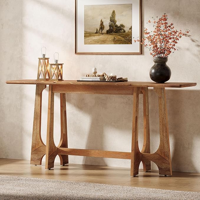 63-Inch Solid Wood Console Table, Farmhouse Long Sofa Table Behind Couch with Geometric Base for Entryway, Entrance, Living Room, Walnut Brown