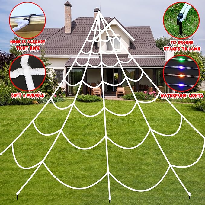 Halloween Decorations Spider Webs Lights: 150 Purple & Orange & Green LED Halloween Lights Decor Outdoor, 17.4Ft Giant Spiderweb with 8 Lighting Modes Waterproof & Timer, Yard Spider Web Decoration