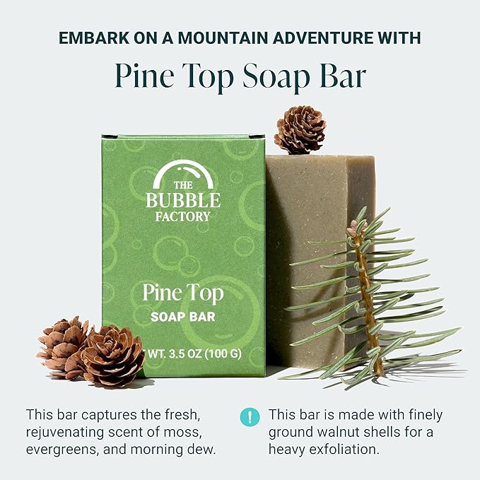 The Bubble Factory Handmade Soap, All Natural Soap for Women & Men, Hand, Bath & Body Natural Bar Soap, Vegan, Palm Oil Free, Made in USA with Shea Butter + Essential Oils, Pine Top, Single
