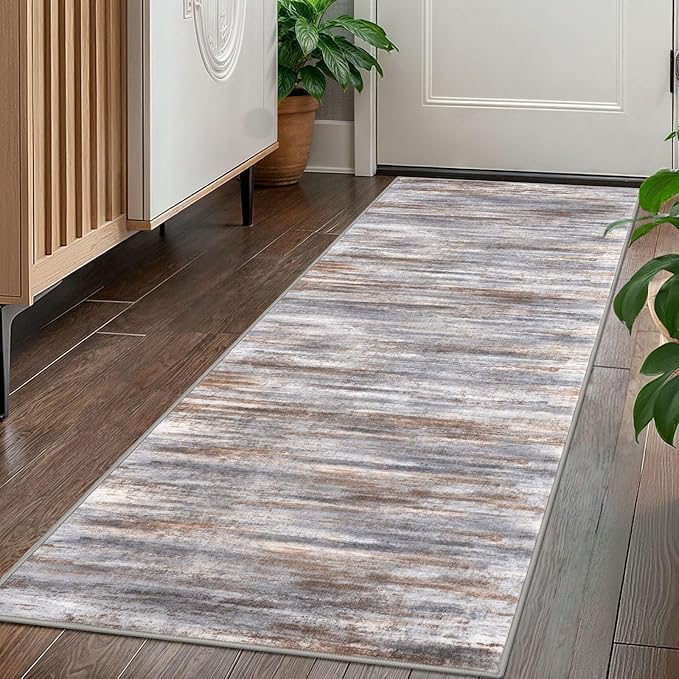 KOZYFLY Kitchen Runner Rug for Hallway Non-Slip Modern Abstract Runner Rug 2x5 Grey Brown, Washable Carpet Runner Laundry Room Mat with Soft Low Pile for Entryway Bathroom Bedroom Kitchen