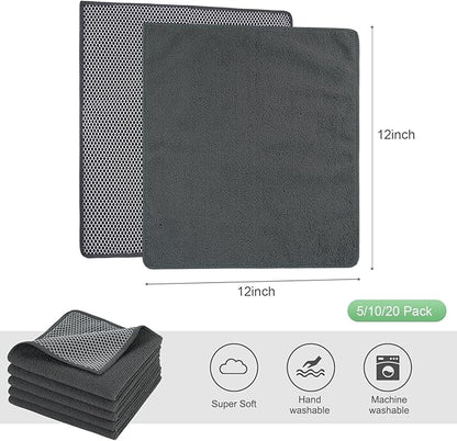 SINLAND Microfiber Dish Cloths Wash Clothes for Kitchen Best Kitchen Cloths Cleaning Cloth Poly Scour Side 12"x12" (5Pack, Dark Grey)