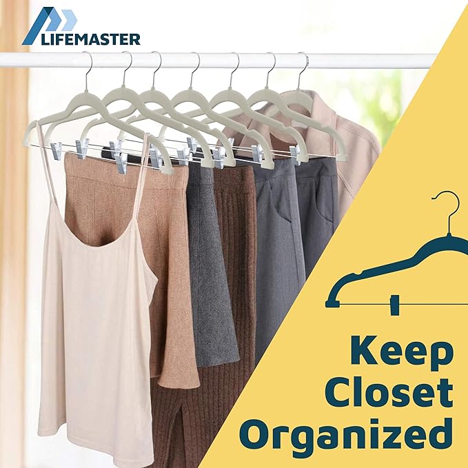 Velvet Skirt Hangers – with Adjustable Clips, 360 Degree Swivel Hook, and Non-Slip Shoulder Notch, Holds Up to 10 lbs, for Organizing Skirt, Pants, Dress, and Clothes, Pack of 10, Ivory