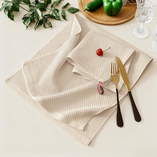 Kitinjoy 100% Cotton Kitchen Towels and Dishcloths Set, 12 Pack Waffle Weave Dish Towels Ultra Soft Absorbent Quick Drying Dish Rags, 13 x 28 Inch and 12 X 12 Inch, Beige