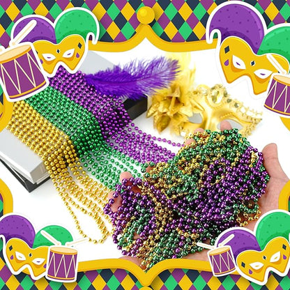 72 PCS Mardi Gras Beads Necklaces, Gold Green Purple Metallic Bead Necklaces 33” 7 mm Mardi Gras Beads Necklaces Accessories Bulk Party Beads Necklaces for Mardi Gras Party, Throw Beads Party Favors