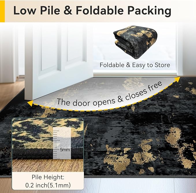 Washable Area Rugs 6'x9' Non-Slip Modern Abstract Soft for Living Room Entryway Bedroom Nursery, Print Pattern, Dark Black Gold