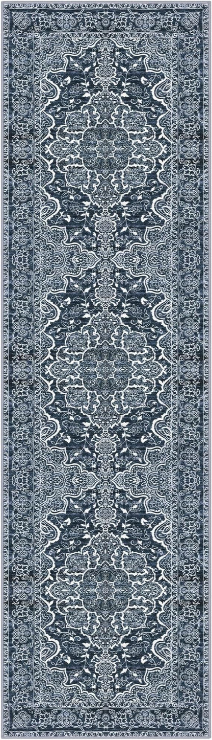 KUTA Vintage Floral Washable Runner Rug, 2x8 Navy Blue Runners for Hallways Non-Slip Kitchen Rugs Ultra Soft Printed Distressed Tribal Floor Carpet for Bedroom Living Room Nursery