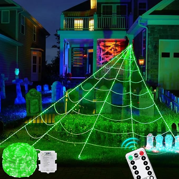 315 LED Halloween Spider Web Lights Decor, 5m Giant Net Lights with 26m Light Chain & Remote Control (8 Light Modes & Timer), Decoration for Garden Indoor Outdoor - Green