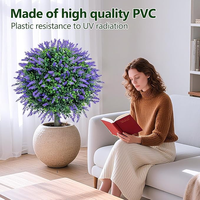 27.6''H Faux Lavender Plants Outdoor Set of 2, Realistic Artificial Boxwood Topiary Shrubs with Spike, UV Resistant Topiary Balls Large Fake Plant Faux Bushes for Indoor & Outdoor Decor