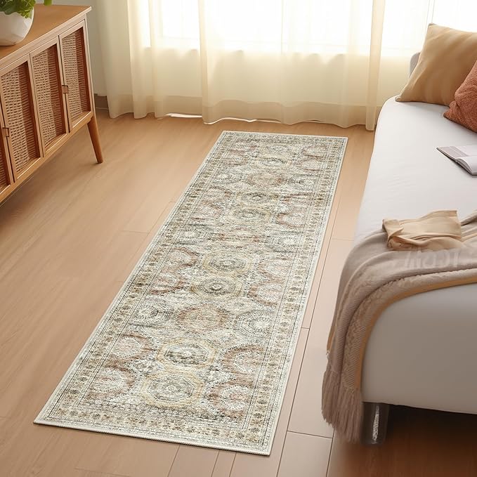 2x5 Rug Runner Washable for Entryway, Soft Bathroom Rugs with Non-Slip Backing, Abstract Low Pile Hallway Runner, Vintage Small Kitchen Carpet for Stair, Laundry Room(2'x5', Brown/Pink)