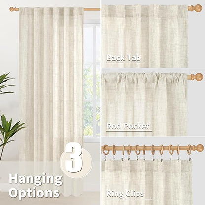 YoungsTex Linen Curtains 48 Inch Length for Kitchen Window, Short Semi Sheer Drapes with Rod Pocket Back Tab Light Filtering for Cafe Bathroom Windows, 2 Panels, 30 X 48 Inch